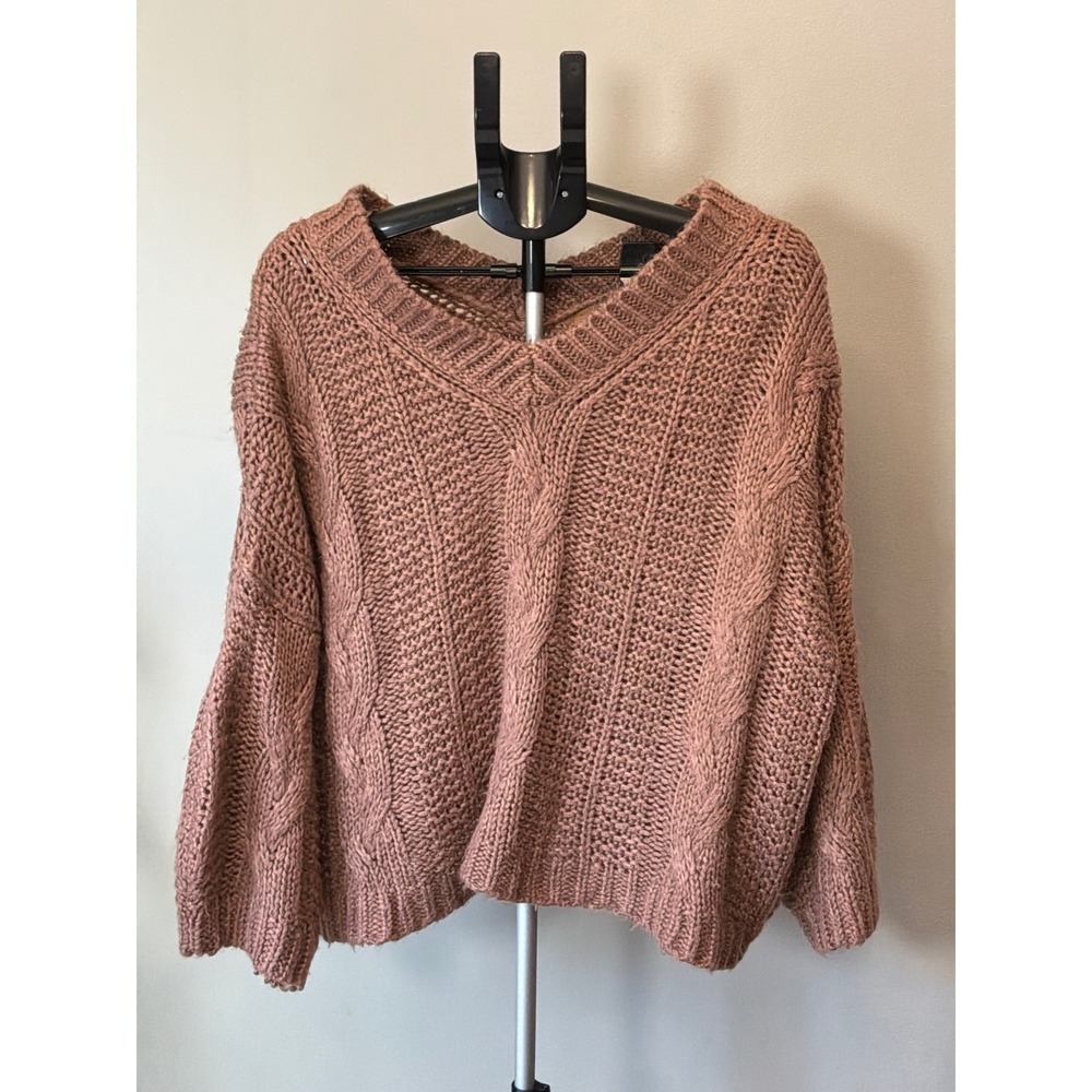 POL Cable Knit Sweater Women M Mauve Brown Oversized V Neck Boho Coastal Fall
